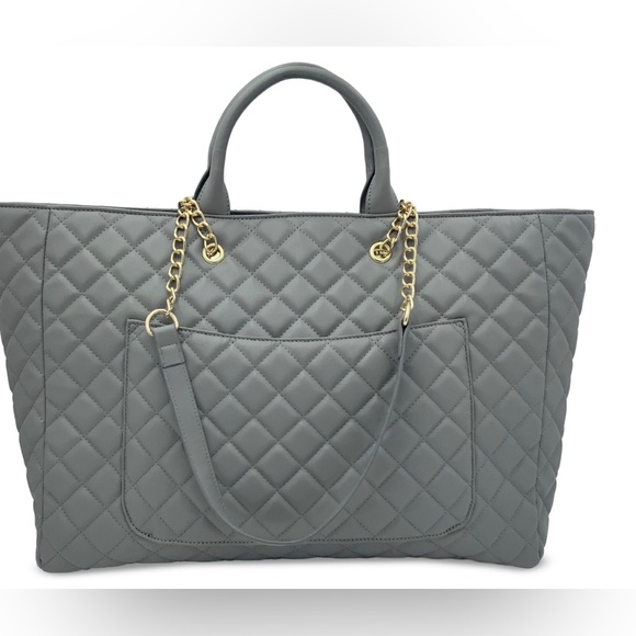 Large Gilda Paris Quilted Vegan Leather Gray Tote Bag - Picture 3 of 3